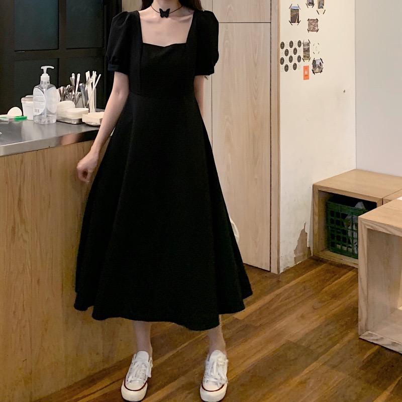 [littlecrab] Dress Square Neck Panjang Hitam Polos Leher Persegi Gaun Midi Kasual Simply Black Elegan Lengan Balon Pendek Berkualitas Korean Style