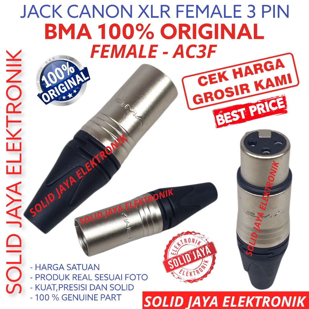 JACK BMA JACK CANON FEMALE BMA AC3F ASLI KONEKTOR CONNECTOR XLR 3P 3 PIN JAK JEK JAK JECK JEC JAC JACK METAL BESI MALE PLUG CANON CEWE PEREMPUAN BMA ORIGINAL ASLI