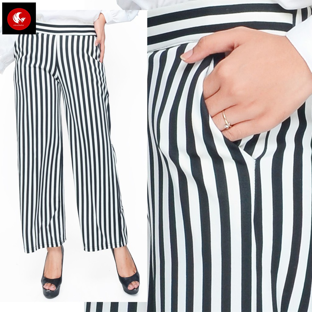 Okechuku Celana Kulot Stripe Fashion Wanita Bahan Salur Okechuku Celana Kulot Stripe Fashion Wanita Bahan Salur