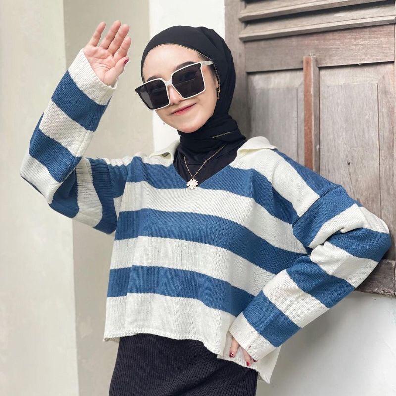 CROP RAJUT ALDA STRIP GARIS OVERSIZE | BLOUSE RAJUT MOTIF GARIS  | BAJU FUJI