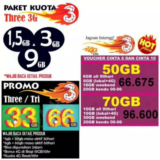 VOUCHER KUOTA 3 33GB/ VOCER 3 66GB | Shopee Indonesia