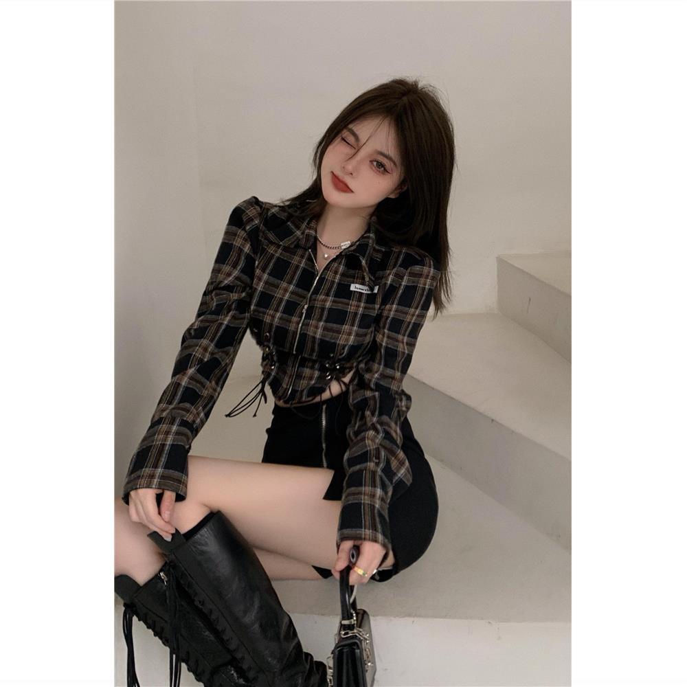 Suhao Desain Musim Semi Gadis Kecil Spice Pendek Polo Collar Gaya Kotak-kotak Lengan Panjang Top Strap T-Shirt Wanita