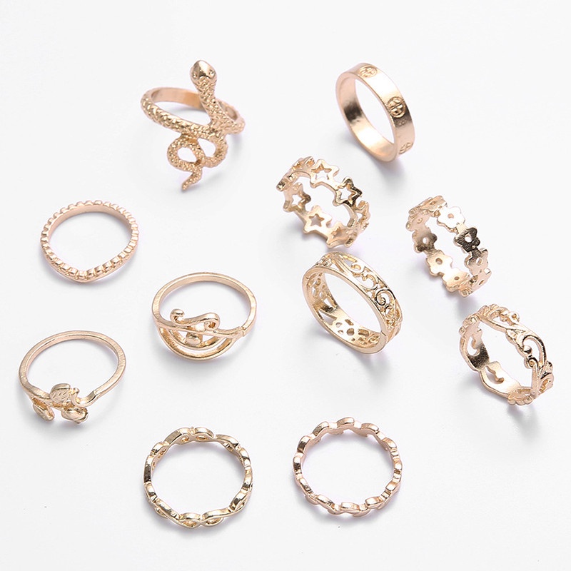 11 Pcs / Set Cincin Bentuk Geometris Aksen Berlian Kilau Untuk Wanita