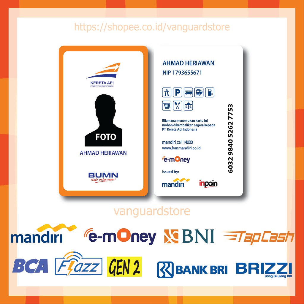 KARTU E MONEY E TOLL KARTU PT KAI MANDIRI ID CARD 12 EMONEY MANDIRI FLAZZ TAPCASH BRIZZI-2 SISI