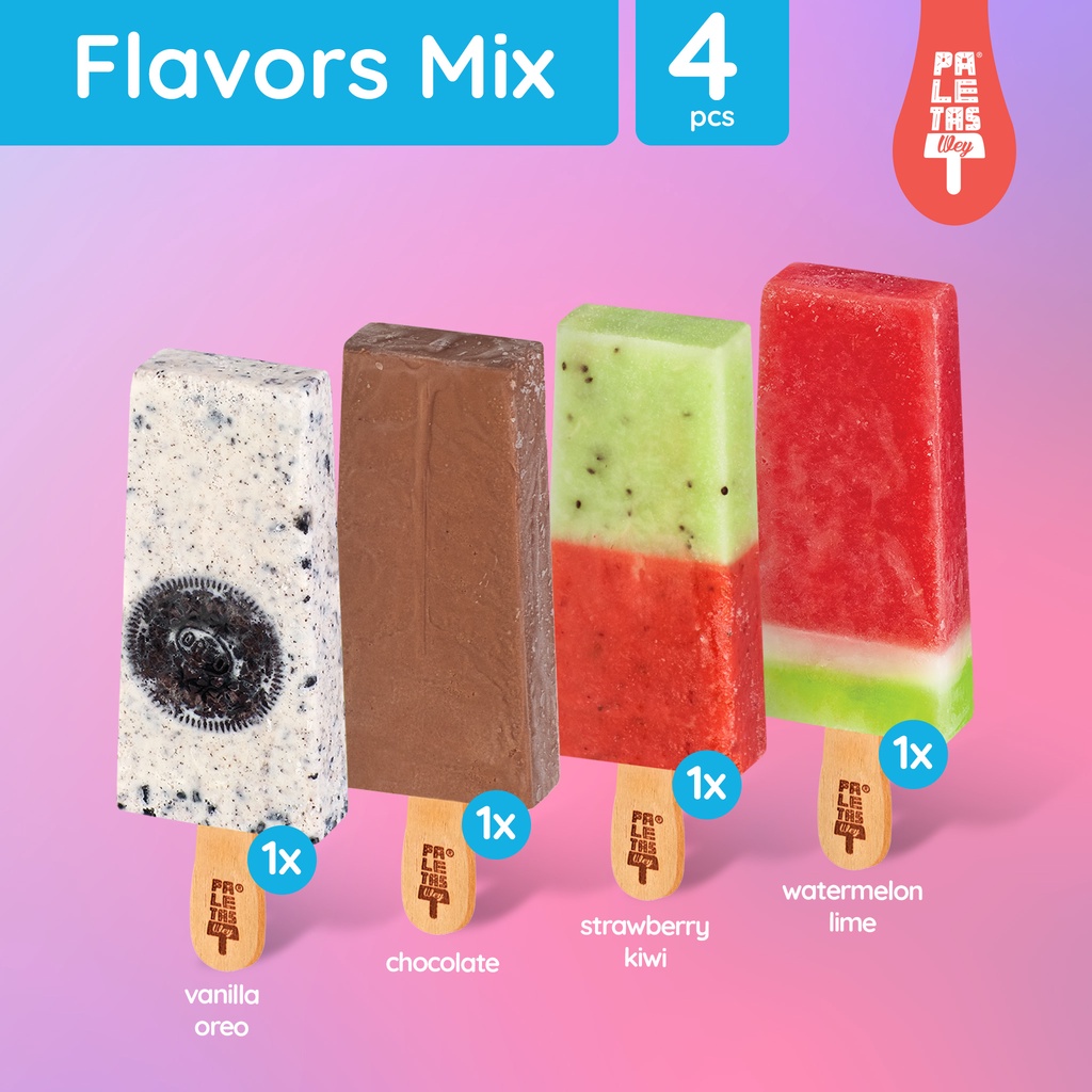 

Es Krim Paletas Wey 1 Vanilla Oreo, 1 Chocolate, 1 Strawberry Kiwi & 1 Watermelon Lime