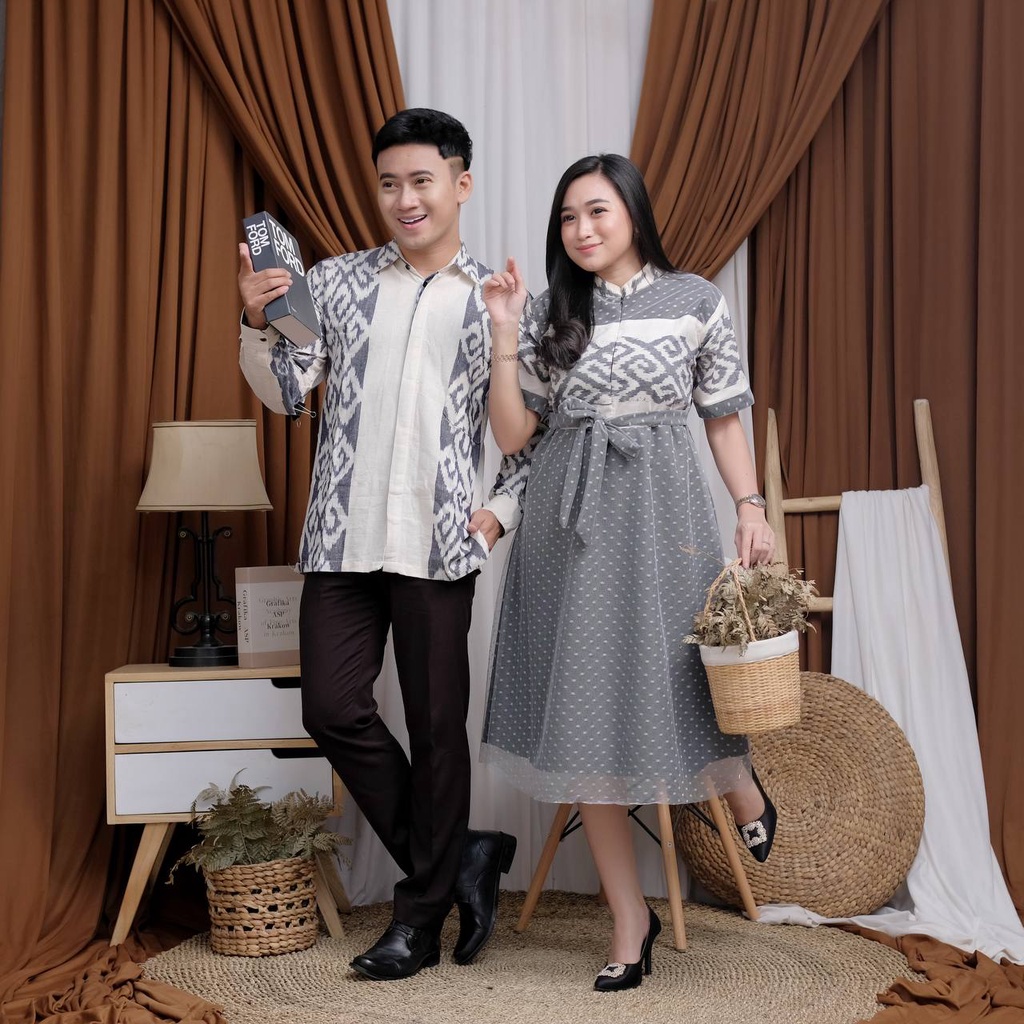 COUPLE TENUN DRESS DOTY IVORY PUTIH &amp; KEMEJA FULL TENUN KEISHAN.ID