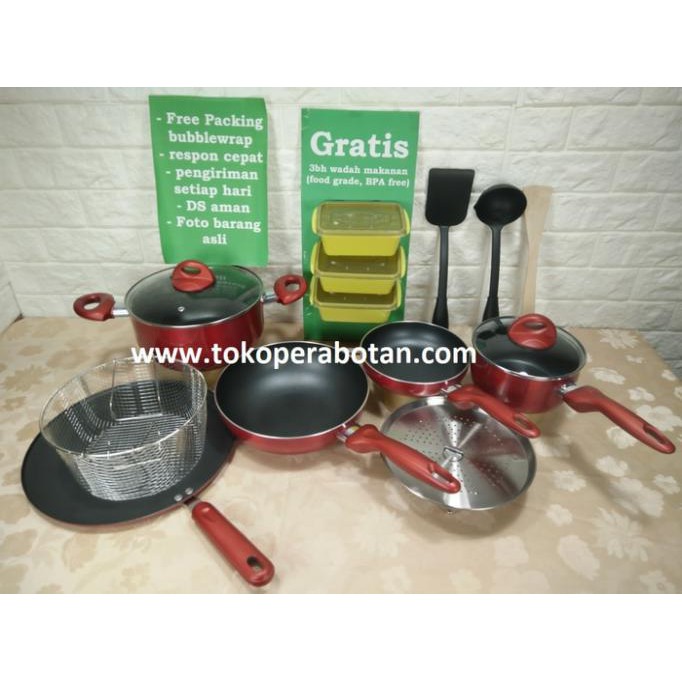 (BONUS 3PCS) PANCI SET SUPRA 12PC WARNA (MERAH) / STEAMER / GRILL PERALATAN MEMASAK