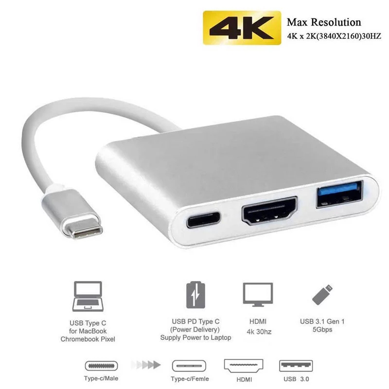 Adaptor Multiport Usb C Ke Hdmi Dan Usb 3.0 Tipe C 4k Video Usb 3.0 Pd Pengisian Cepat Untuk Laptop Dan Ponsel