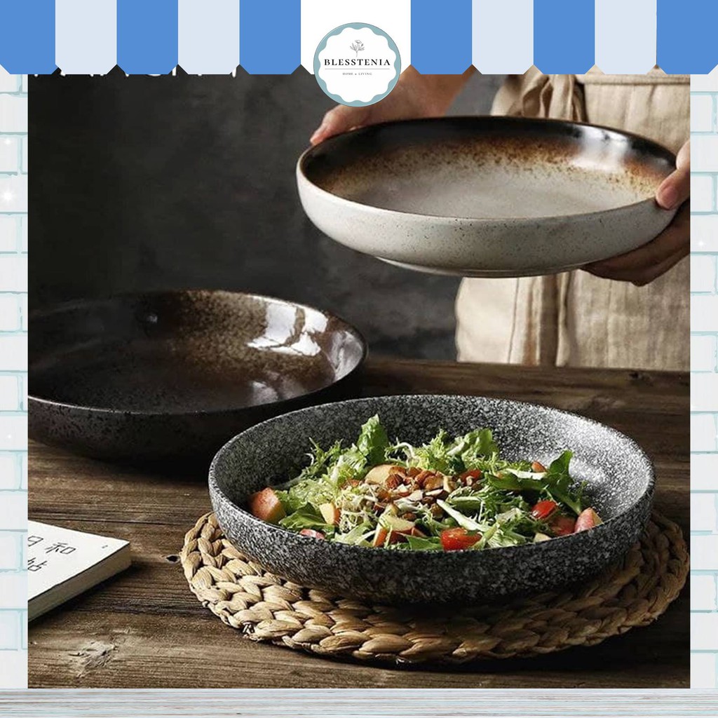 Blesstenia - Piring Keramik Deep Round Ceramic Retro Porcelain Plate Japanese Style