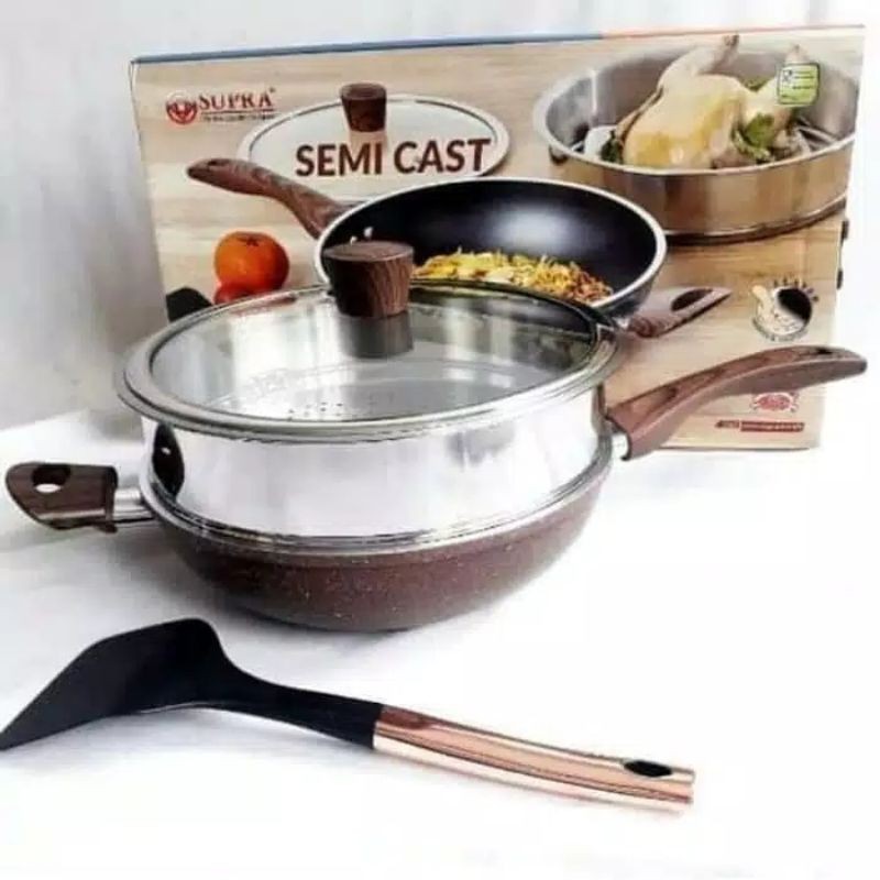 GBP Supra Panci Set Stir Wok Granite + Steamer 28cm Tebal Anti Lengket
