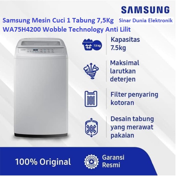 Samsung Mesin Cuci 1 Tabung 7,5Kg Anti Lilit WA75H4200 Top Loading