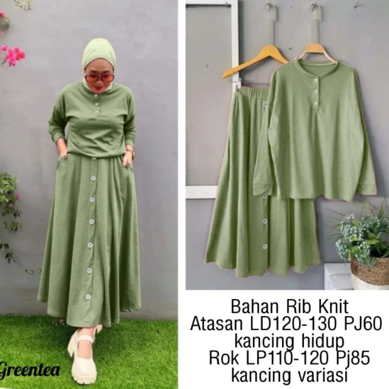 SET ROK, BUTTON, HARUKA, RIB KNIT, GAMIS HIJAB MUSLIM, SETELAN, 3 UKURAN