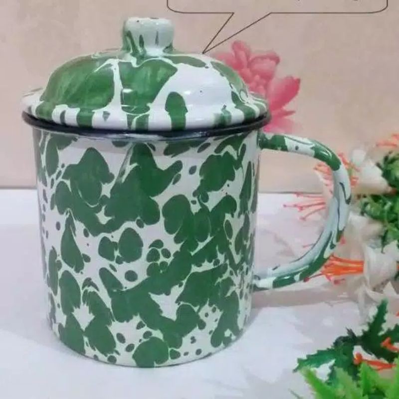 CANGKIR JADUL / MUG JADUL / CANGKIR ENAMEL / CANGKIR KALENG / CANGKIR LORENG DENGAN TUTUP