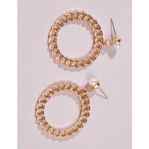 LRC Anting Tusuk Fashion Golden Pearl Geometric Round Chain Alloy Hollow K45079