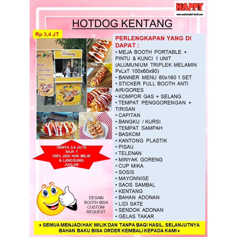 

PAKET USAHA FRANCHISE MAKANAN HOTANG HOTDOG KENTANG CRISPY POTATO SOSIS BOOTH PORTABLE KEMITRAAN