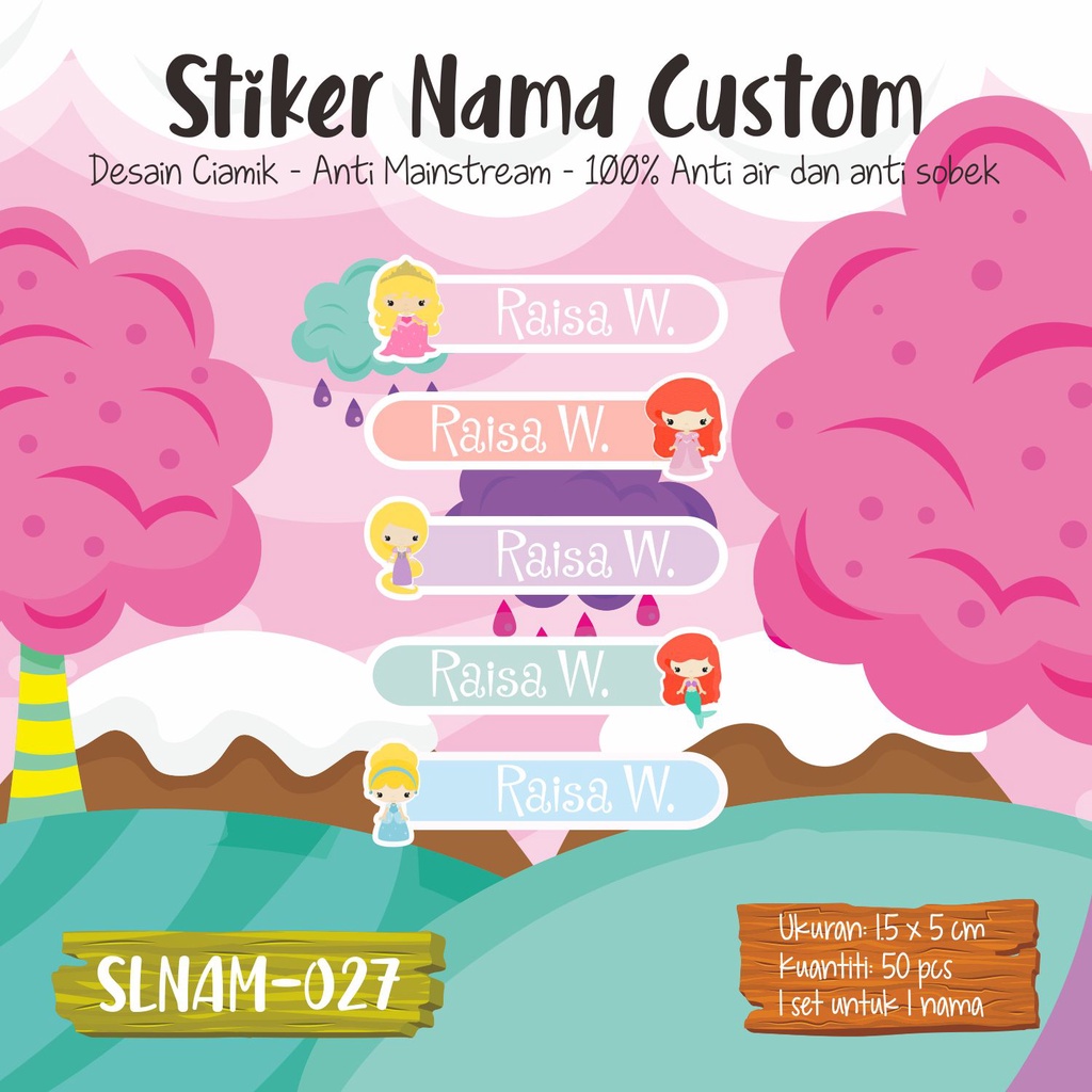 

sticker label nama anak kartun girl cute princes muslimah SLNAM 027