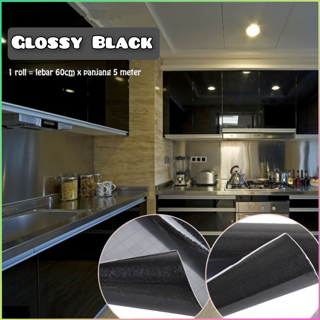 [GD] WALLPAPER PREMIUM GLOSSY BLACK HITAM POLOS UK 60CMX5M STICKER KITCHEN SET STIKER POLOS