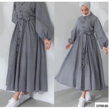 Midi Dress Wanita Korean Style Gamis Casual Simple Motif Kotak Ootd Kuliah Jalan Healing Ngopi Kekin