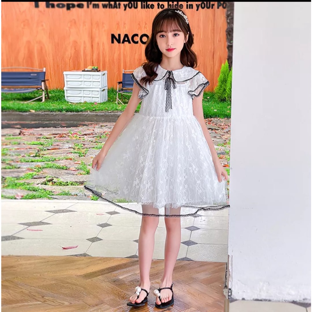 QFS - DRESS KIDS VICTORIA WHITE / FULL BRUKAT / COMBI LACE HITAM / LAPIS 3 PURING / WHITE / TERBARU/UMUR 6-10 TH/IMPOR