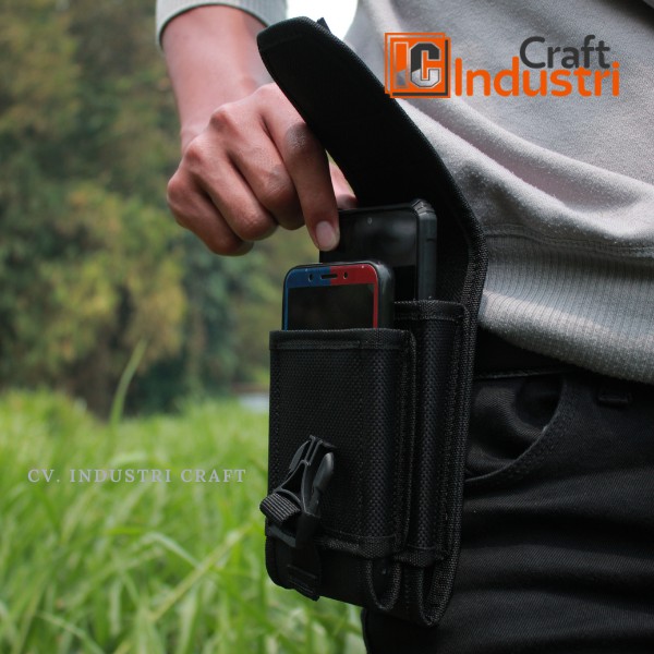 Sarung Tempat Hp Pinggang Tas Dompet Handpone Pinggang Doble Slot Pouch hp Pria Hitam Kanvas