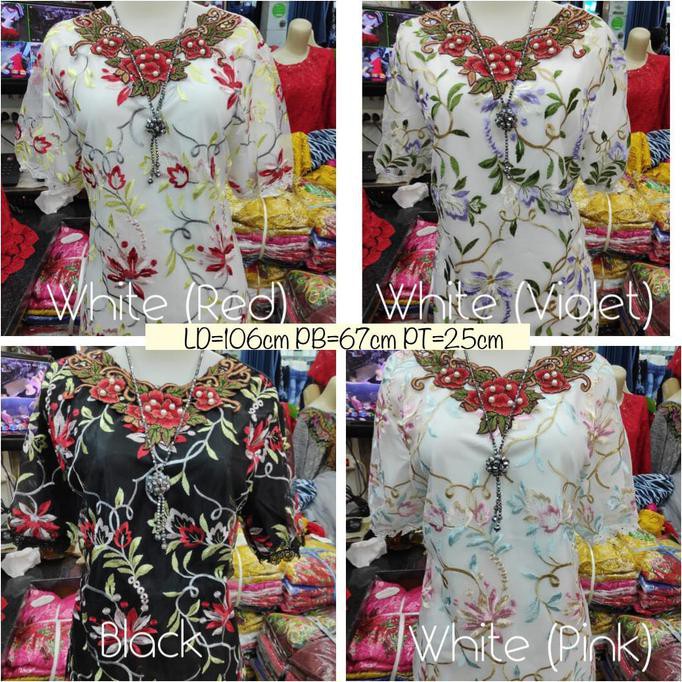 Sale Baju Atasan Wanita Blus Blouse Organza Korea Import Bordir Bunga Or002 Terbaru