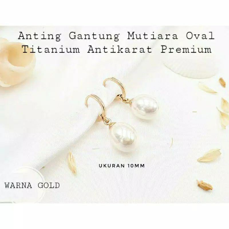 Anting Gantung Mutiara Oval Titanium