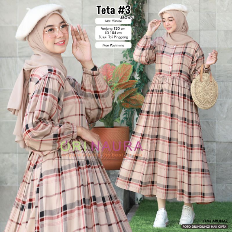 Gamis terbaru Teta motif kotak bahan rayon viscose adem ori Naura