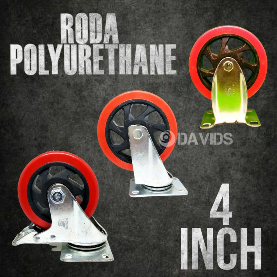 Roda Troli Ban Gerobak Lemari Etalase PU Merah Hidup 4 inch