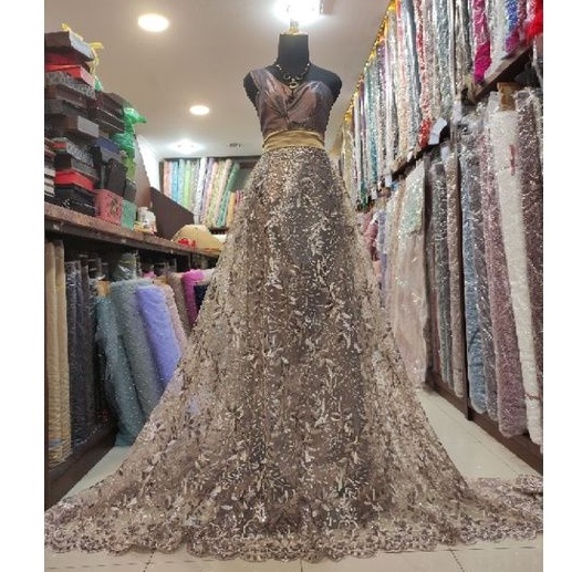 Kain Tile Brokat Motif Bunga Gentong Payet D#4 UM 20211125D1 No 1 Coklat