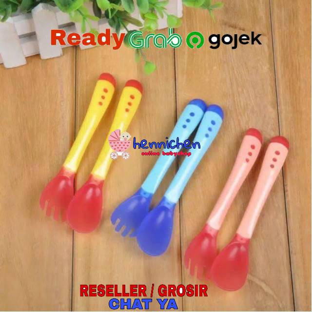 2 Pcs Sendok Garpu Makan Bayi / Sendok Makan Bayi Sensor Panas / Spoon Fork Set Heat Sensing.