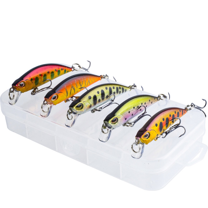 5pcs / Kotak Umpan Pancing Ikan Minnow Mata 3d Bahan Abs Keras 5g / 5cm Dengan 2 Kait Treble