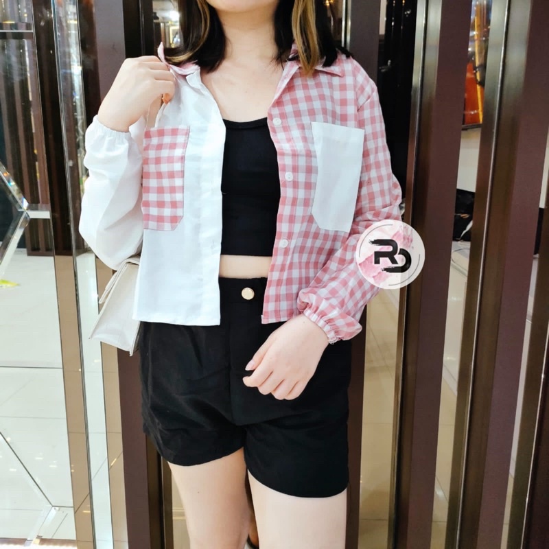 RD FASHION Mika Crop Top / KEMEJA CROP / kemeja TWO TONE / TARTAN KEMEJA CROP / TARTAN CROP-1CM PINK