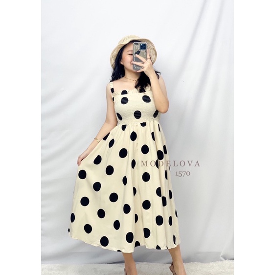 MDLV ~ 1570# Polkadot Smocked Flare Dress Long Dress Polkadot Dress Korea Dress Premium Import Fashion Import