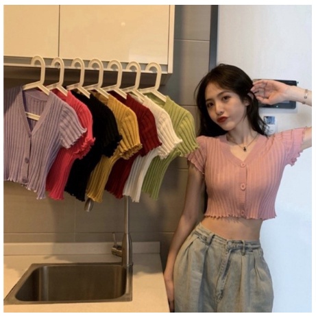 Ken Grosir JOANA CROP BUTTON WANITA / Korean Lettuce Vneck - ATASAN CROP TOP KOREAN STYLE RIB