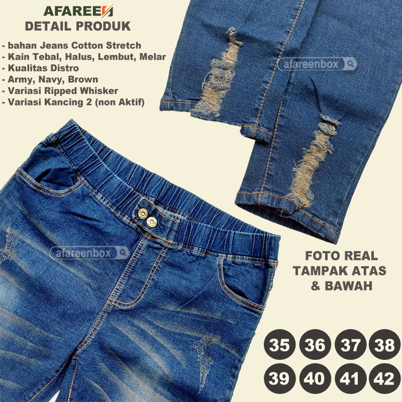 AFAREEN - Celana Jeans Wanita Ripped Whisker Legging Jeans Ripped Button Melar Pinggang Karet Jumbo 35-42