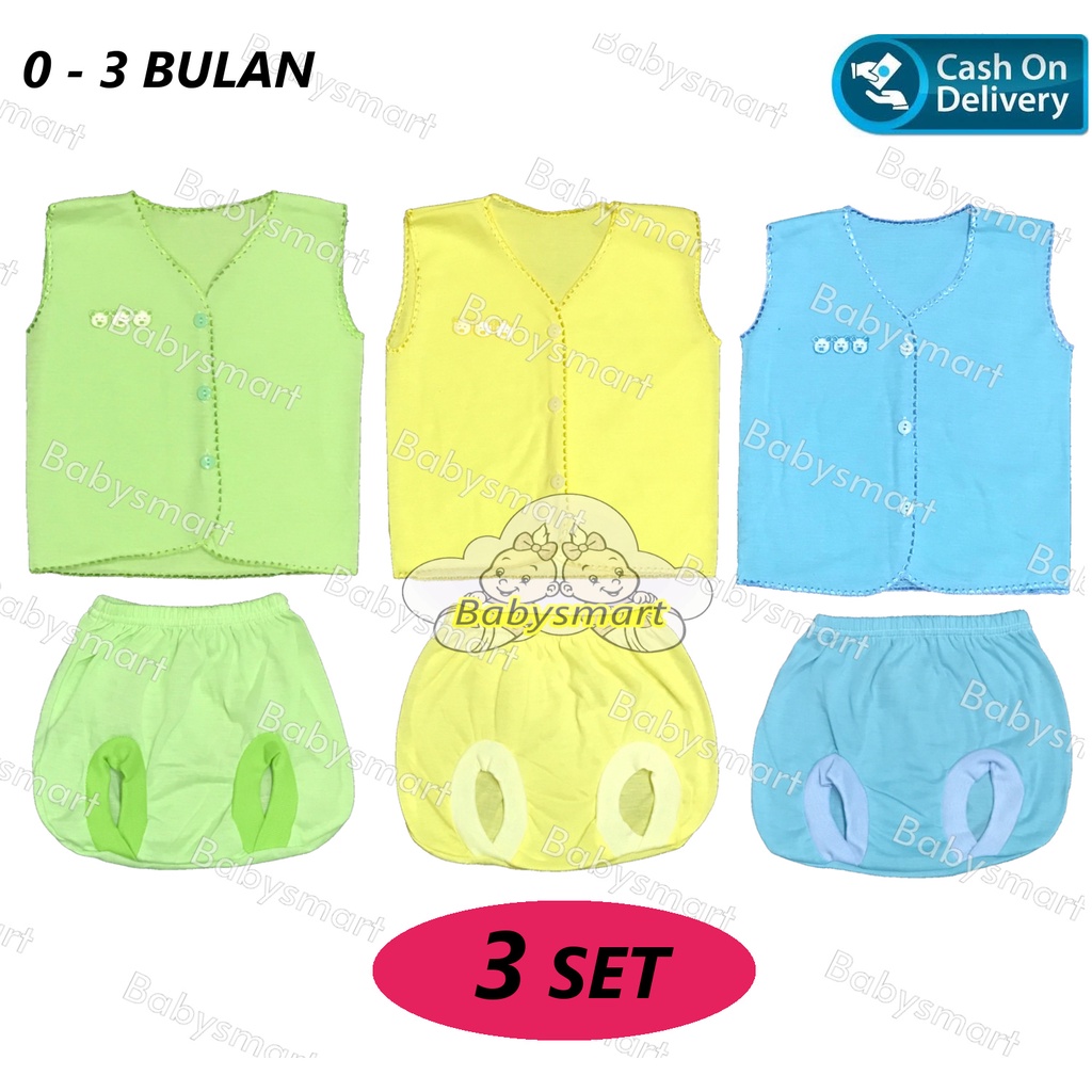 Babysmart - 3 SET Setelan Baju Bayi Kutung+Celana Kacamata Polos WARNA umur 0-3 bulan/baju anak laki-laki/perempuan BOY/GIRL