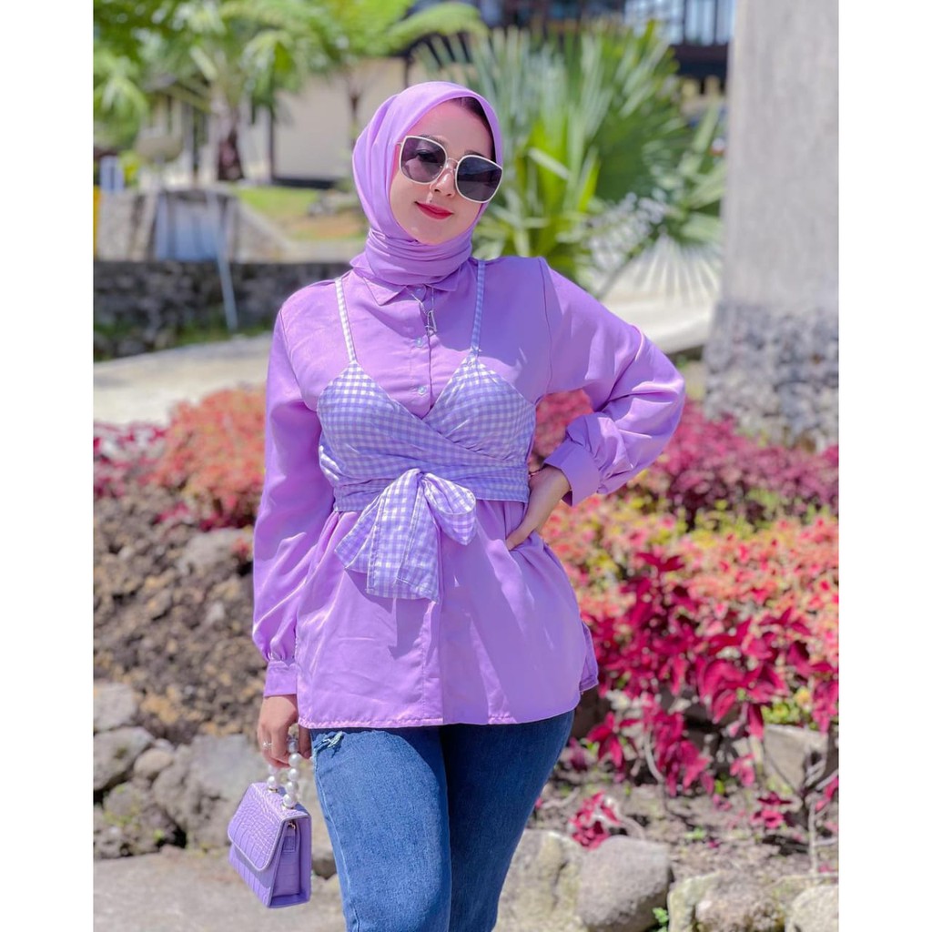 COD | Doli Tunik Atasan Baju Muslim Wanita 2in1 Free Rompi Katun Kotak Lilac Terbaru