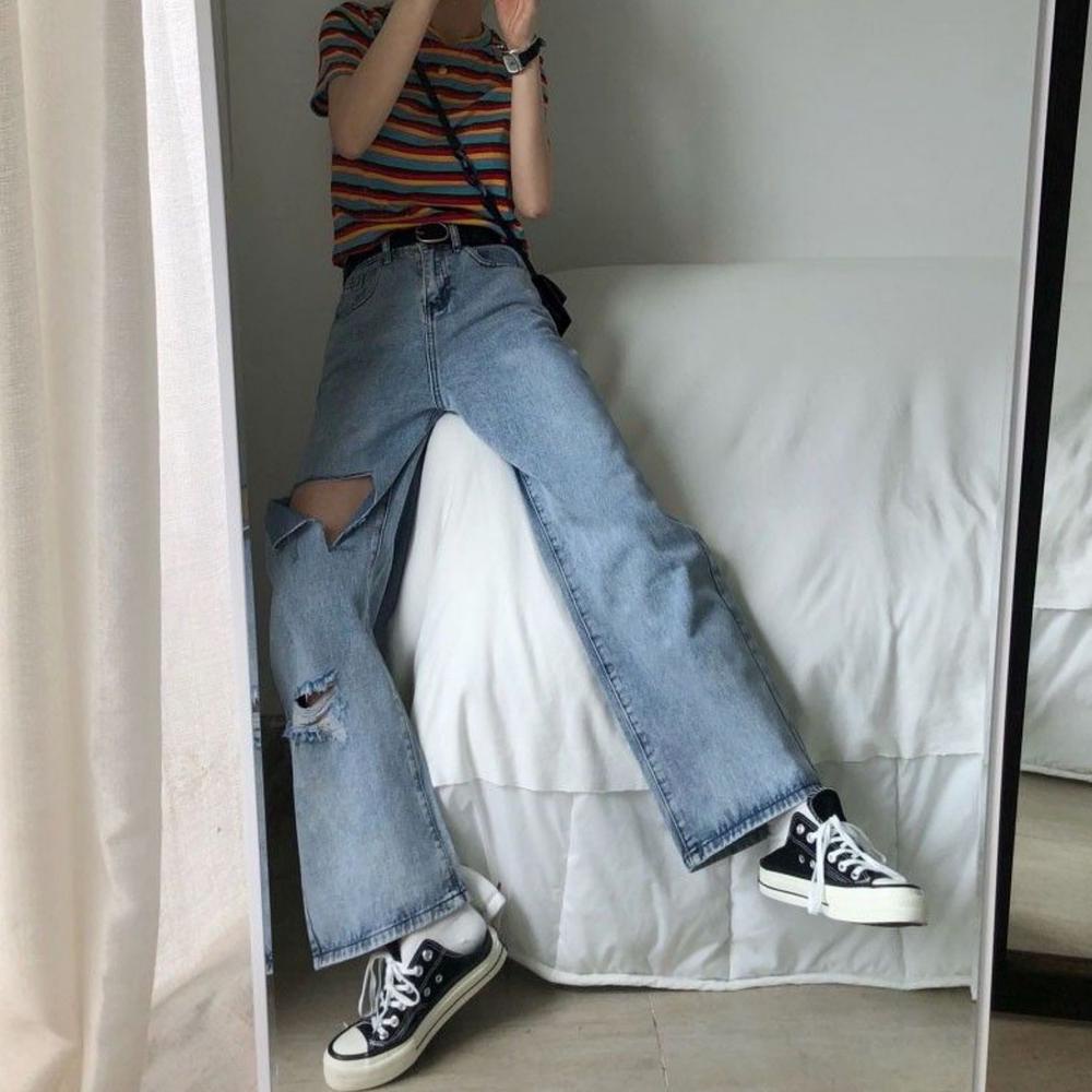 Ukuran Jumbo New Jeans High Waist Sobek Korean Style Longgar Kulot Celana Jeans Panjang Wanita Robek