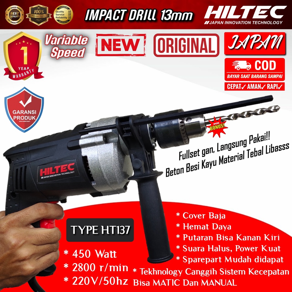 Mesin Bor Listrik hiltec Impact drill 13mm beton besi kayu tembok fullset spare maktec makita