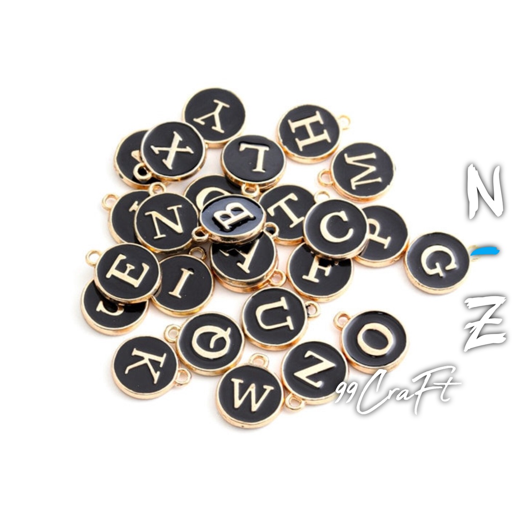 Charm bandul huruf enamel N-Z epoxy koin putih hitam beads bahan membuat kerajinan gelang kalung