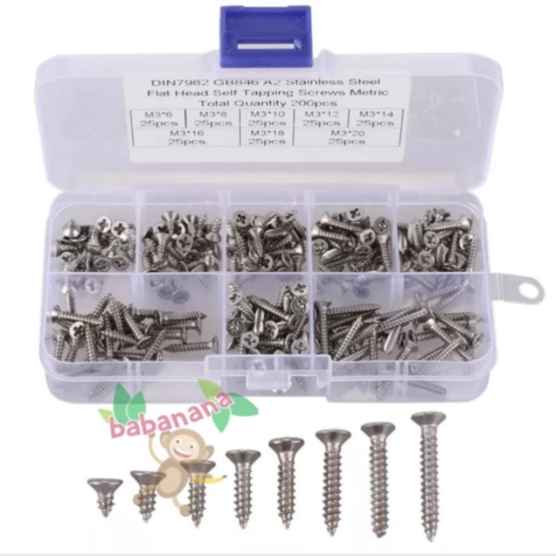 200pcs M3 baut kayu kasar wood screw nail mur perkakas tapping