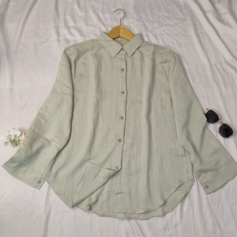 Saku Kemeja Wanita/Blus kemeja linen 2021 Kualitas tinggi Wanita/Atasan wanita kantor Wanita chic lengan panjang-KMJ Linen_Green