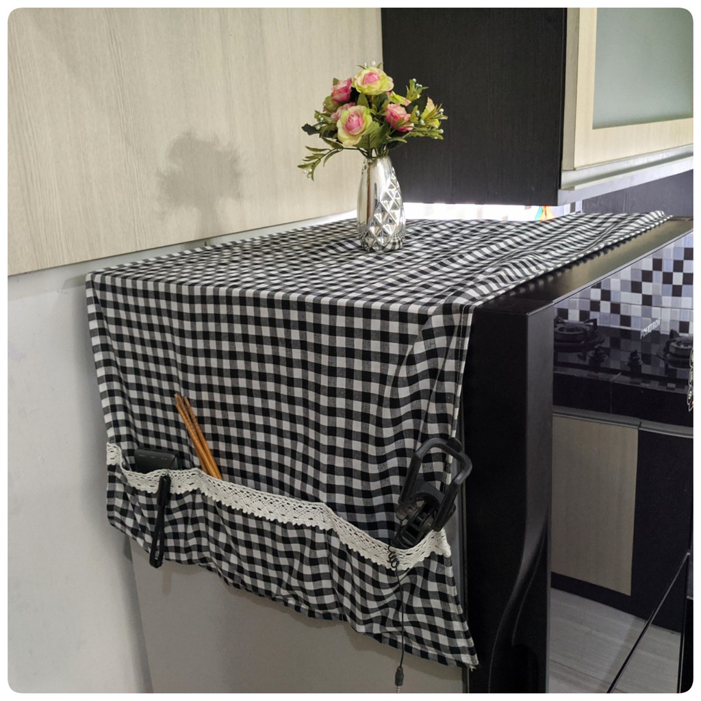 TAPLAK KULKAS / Cover Kulkas 6 Saku Estetik Motif Kotak-Kotak Kekinian Hiasan RENDA Rajut Gaya Korea