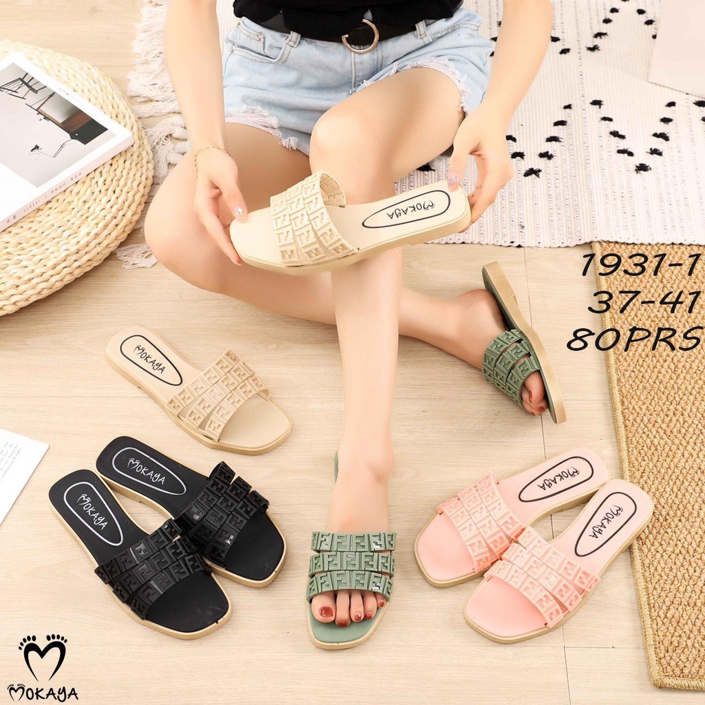 Sandal slop wanita ban 3 motif F super keren casual elegant Import Mokaya / Size 37-41 ( 1931-1 )