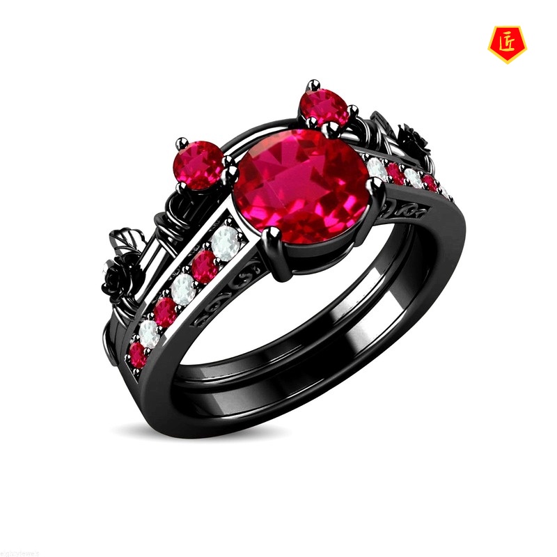 [Ready Stock]Creative Inlaid Color Moissanite Black Gold Rose Ring