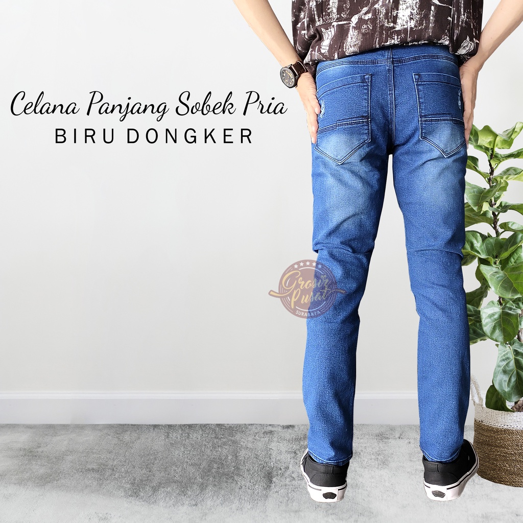 Celana Jeans Pensil Skinny Sobek Ripped Tembus Biru Dongker 27 - 32