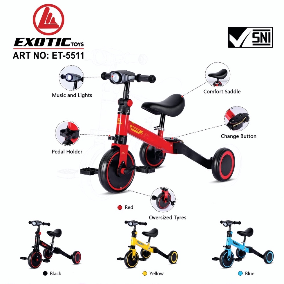 Sepeda Keseimbangan Balance Bike 4 in 1. New Exotic ET-709 (Ada Dorongan), Exotic ET-5511 (Ada Music Dan Lampu), Aviator AT-7905 Stang bisa dilipat