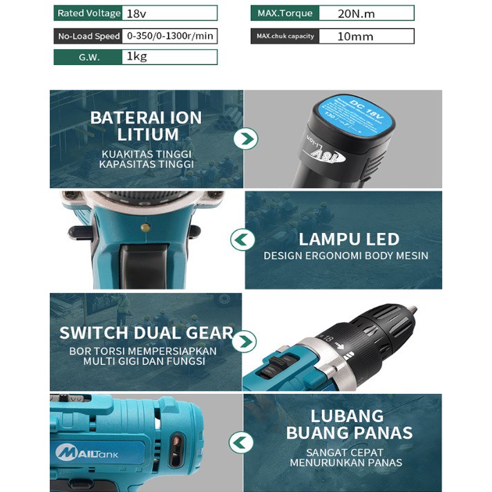 MAILTANK 18 V SH-189 MESIN BOR CORDLESS MAILTANK 18 VOLT SH-189 CORDLESS DRILL MESIN BOR Mesin Bor C