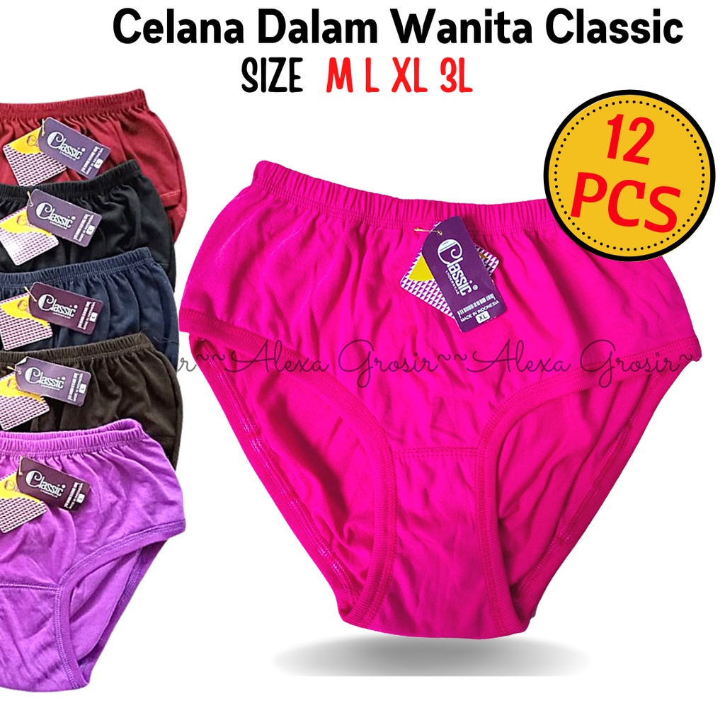 12 PCS Celana Dalam Katun Wanita Motif Polos Best Quality Bahan Bagus Merk Classic