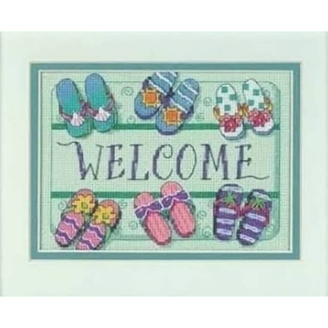 DIY Paket kristik welcome shoes selamat datang pola kain cross stitch 14ct dmc craft nkf joy sunday 